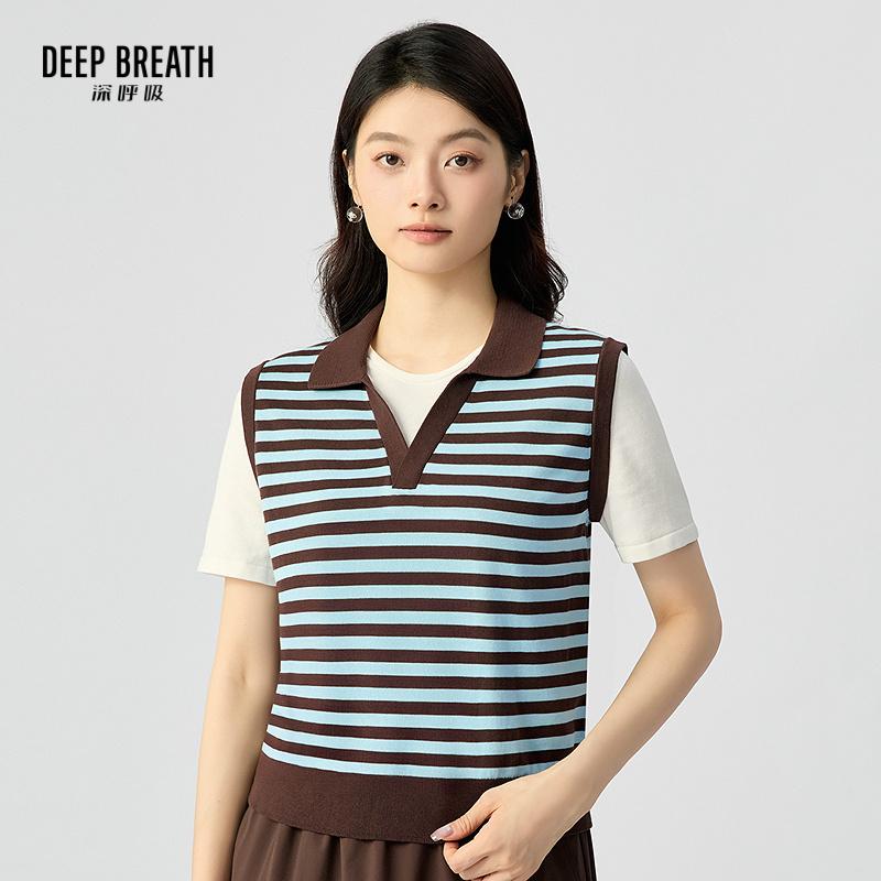 DEEP BREATH深呼吸女装 新款翻领假两件拼色条纹造型短袖针织衫A302321-1