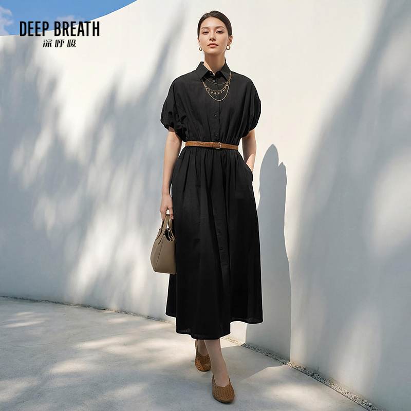 DEEP BREATH深呼吸女装 新款翻领短袖连衣裙造型袖收腰长裙A500691
