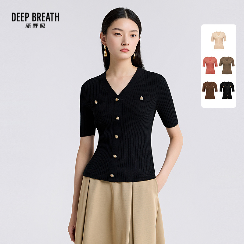 DEEP BREATH深呼吸女装 纯羊毛V领装饰扣半袖坑条针织衫女A301210