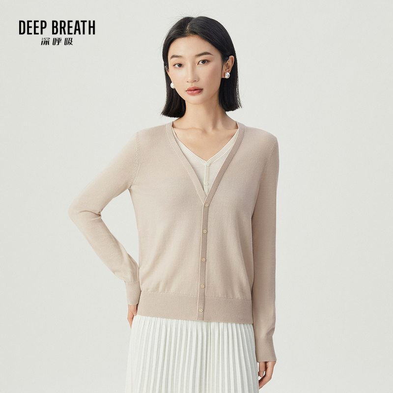 DEEP BREATH深呼吸女装 简约V领假两件拼色羊毛针织衫上衣A301339-1