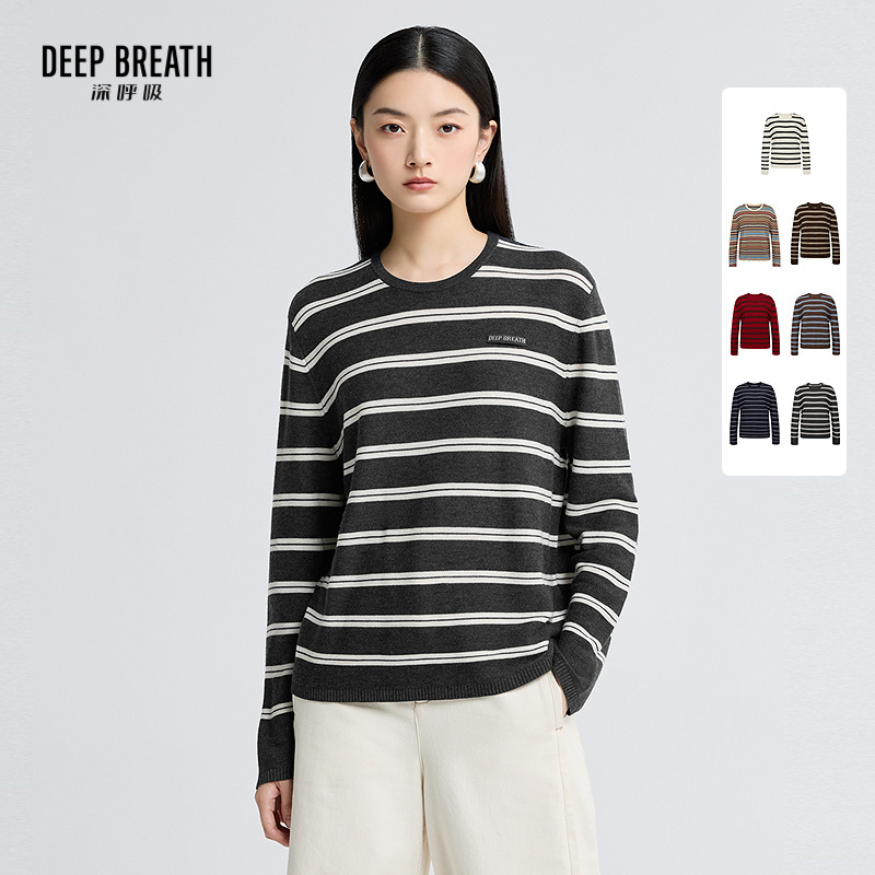 DEEP BREATH深呼吸女装 圆领简约拼色条纹贴唛宽松长袖针织上衣A301808