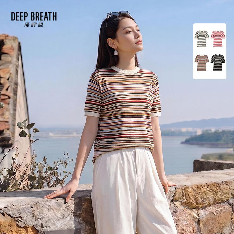 DEEP BREATH深呼吸女装 新款圆领拼色条纹简约短袖针织衫A302550