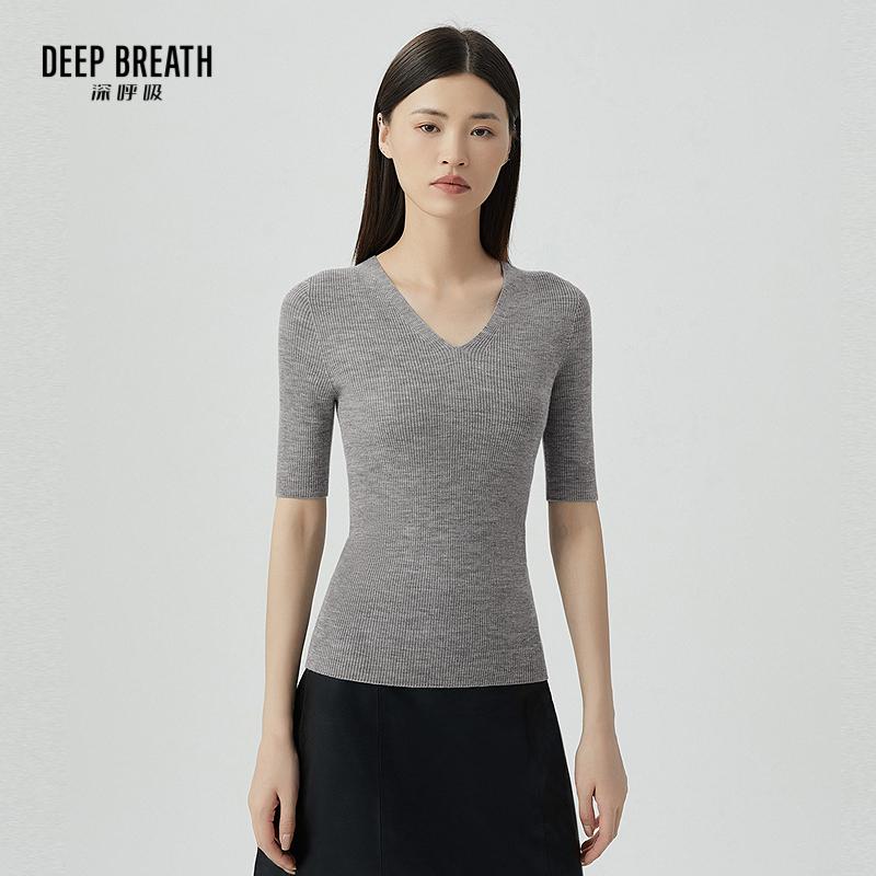 DEEP BREATH深呼吸女装 V领半袖套头纯羊毛针织衫A301255-1