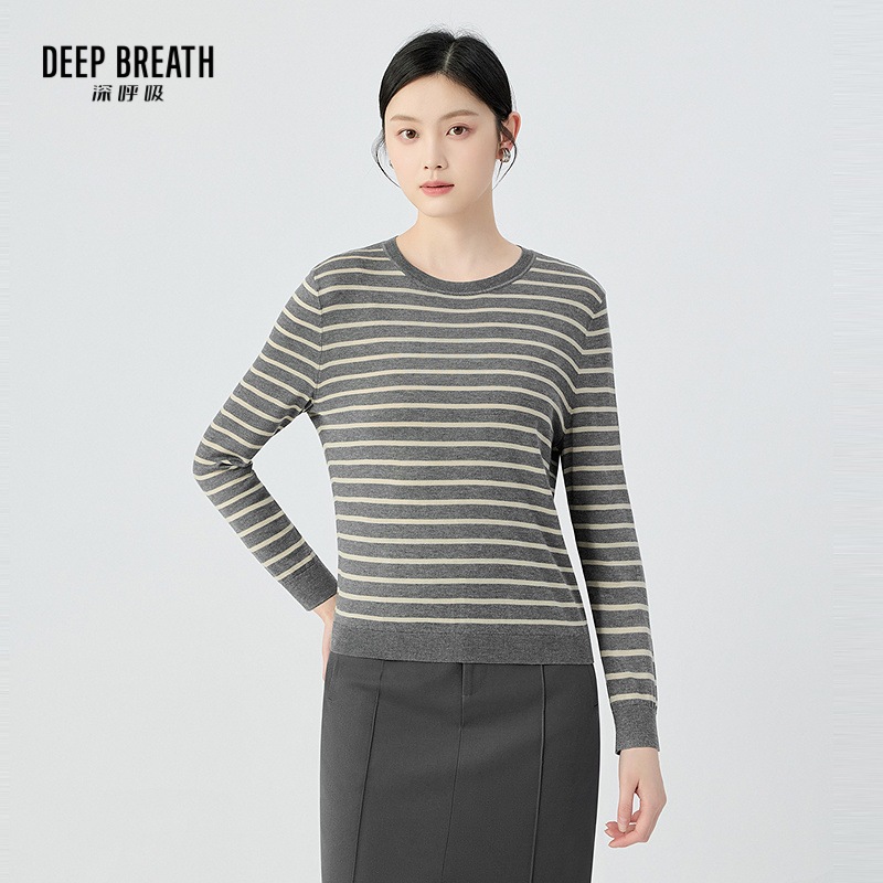 DEEP BREATH深呼吸女装 三醋酸慵懒百搭条纹针织衫小圆领上衣A301494-1
