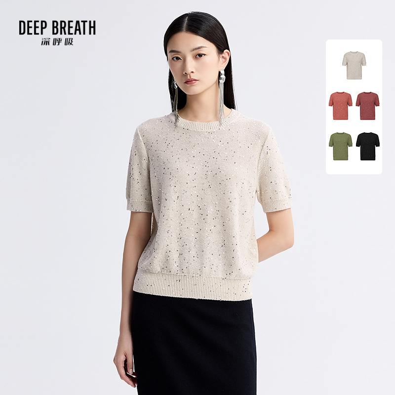 DEEP BREATH深呼吸女装 简约圆领珠片短袖套头针织衫上衣A301510