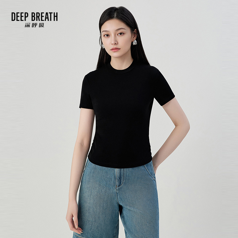 DEEP BREATH深呼吸女装 小立领修身弹力腰部抽褶短袖T恤上衣A302334-1