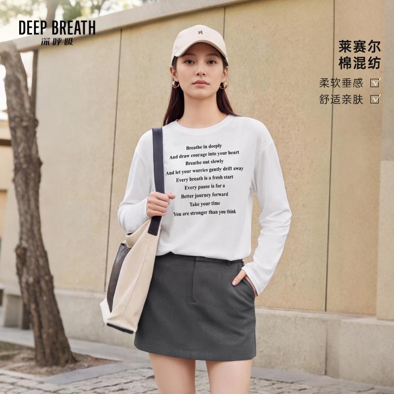 DEEP BREATH深呼吸女装 简约百搭字母圆领长袖松弛感T恤上衣A303265