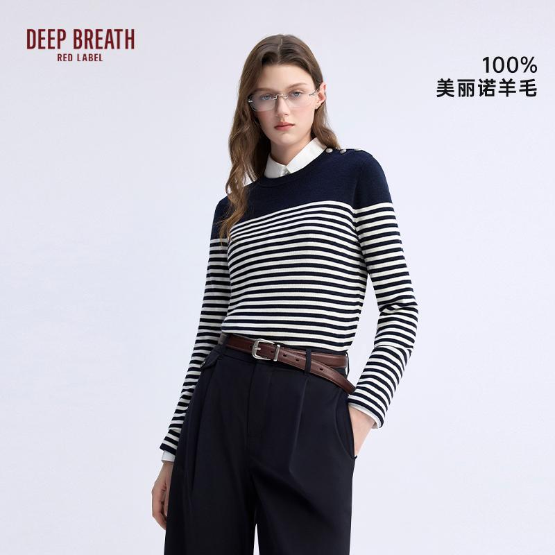 深呼吸红标【都市漫游】经典圆领修身条纹撞色羊毛针织衫D38079