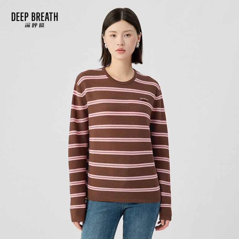 DEEP BREATH深呼吸女装 圆领简约拼色条纹贴唛宽松长袖针织上衣A301808-1