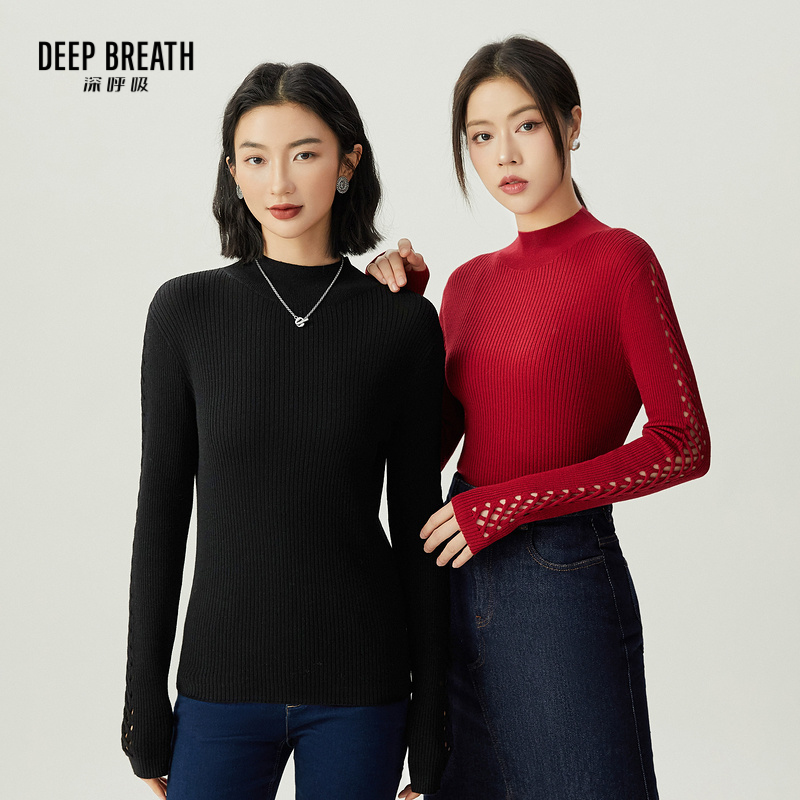 DEEP BREATH深呼吸女装 休闲镂空麻花烟管领坑条针织衫A301431