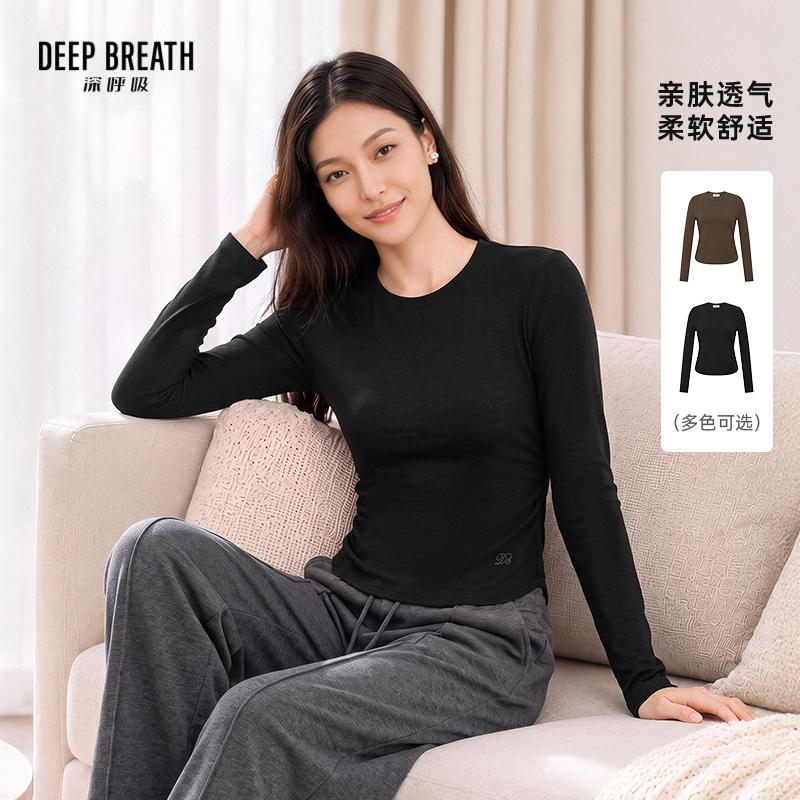 DEEP BREATH深呼吸女装 圆领刺绣LOGO弹性小蛮腰长袖T恤上衣A303234